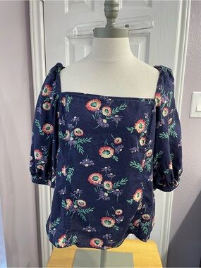 Polo Ralph Lauren Linen Navy Floral Puffy Sleeve Blouse Size 14